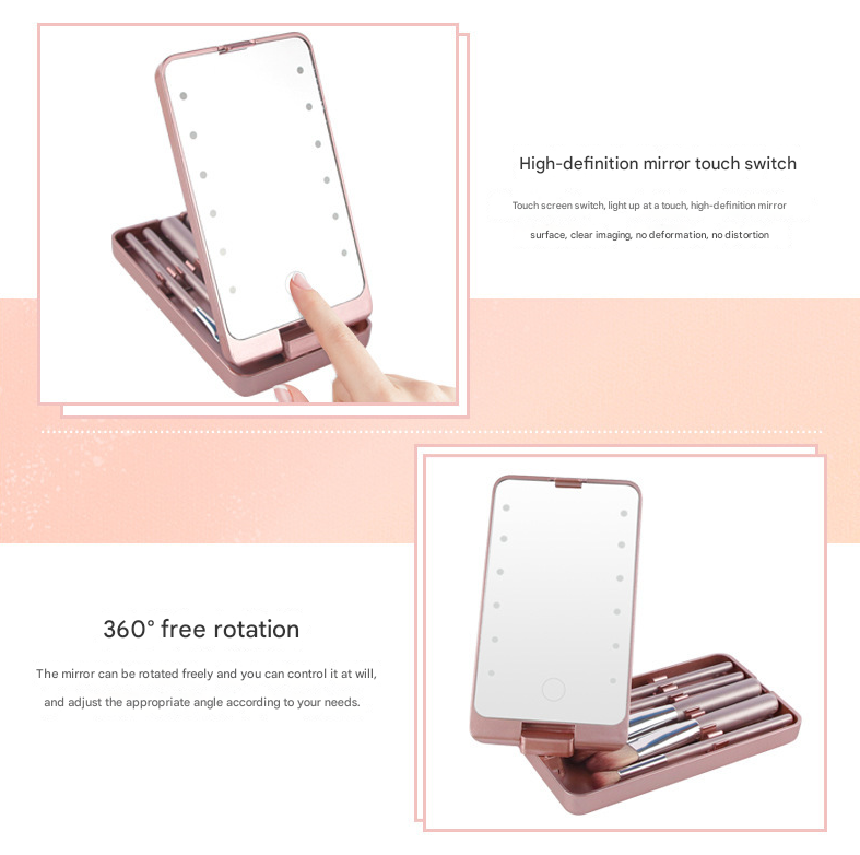 Pink LED Lighted Makeup Mirror with 5-Piece Cosmetic Brush Set and Dustproof Storage Case