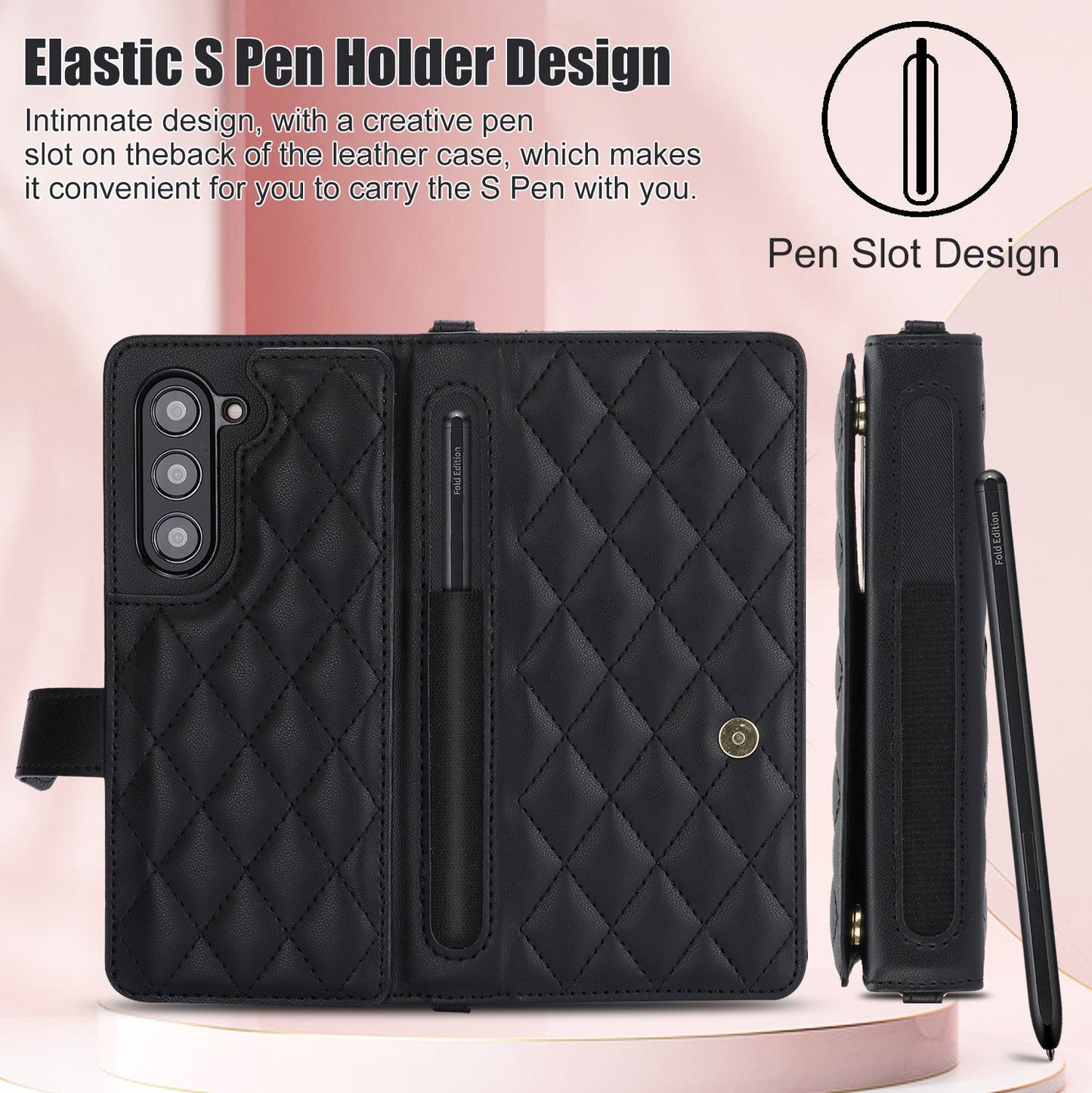 Galaxy Z Fold4 Multi-Functional Leather Wallet Case for Samsung Z Fold Series - Crossbody with Pen Slot, Quilted Design Pen Not Included