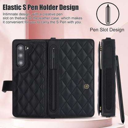Purple Galaxy Z Fold5 Multi-Functional Leather Wallet Case for Samsung Z Fold Series - Crossbody with Pen Slot, Quilted Design Pen Not Included