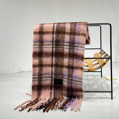 Purple-pink Plaid Color-Block Women's Scarf - Autumn/Winter Thick Warm Neck Wrap with Tassels