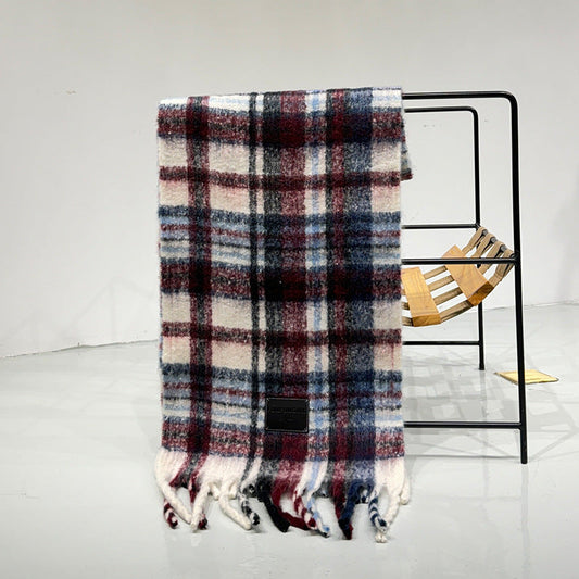 Red-blue Plaid Color-Block Women's Scarf - Autumn/Winter Thick Warm Neck Wrap with Tassels