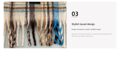 Grey-white Plaid Color-Block Women's Scarf - Autumn/Winter Thick Warm Neck Wrap with Tassels