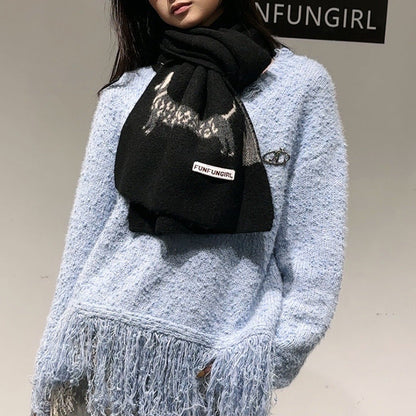 Black Cute Korean-Style Wool Scarf with Dog Design - Unisex Knitted Winter Neck Wrap