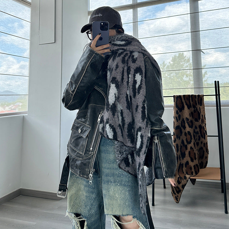 Grey Leopard Luxurious Thick Faux Cashmere Knitted Shawl - Versatile 55 x 210 cm Winter Scarf