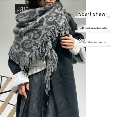 Black-white Luxurious Fringe Wool and Lambswool Scarf for Women - Thick Warm 60 x 170 cm Shawl