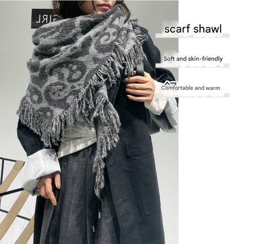 Black-white Luxurious Fringe Wool and Lambswool Scarf for Women - Thick Warm 60 x 170 cm Shawl