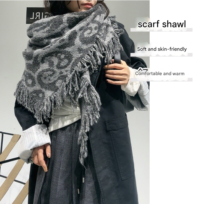 Grey Luxurious Fringe Wool and Lambswool Scarf for Women - Thick Warm 60 x 170 cm Shawl