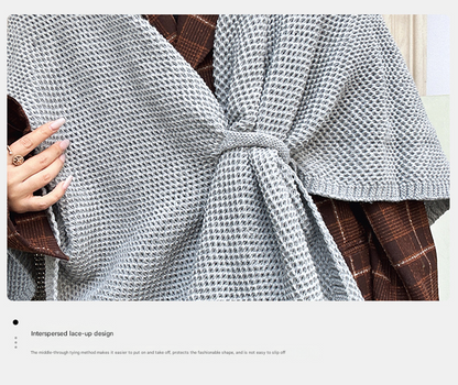 Blue Luxurious Faux Cashmere Knitted Cape - Large Buckled 90 x 140 cm Women's Versatile Shawl
