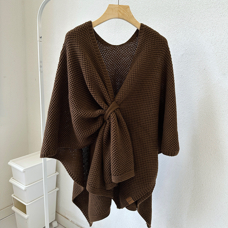Green Luxurious Faux Cashmere Knitted Cape - Large Buckled 90 x 140 cm Women's Versatile Shawl