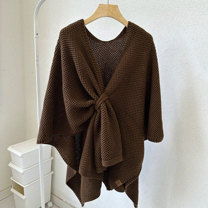 Green Luxurious Faux Cashmere Knitted Cape - Large Buckled 90 x 140 cm Women's Versatile Shawl
