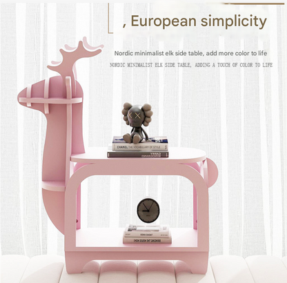Yellow Oak Grain Trumpet Creative Reindeer-Shaped Solid Wood Bookshelf for Kids