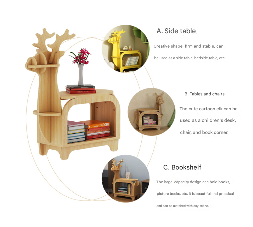 Oak Planking Small Creative Reindeer-Shaped Solid Wood Bookshelf for Kids