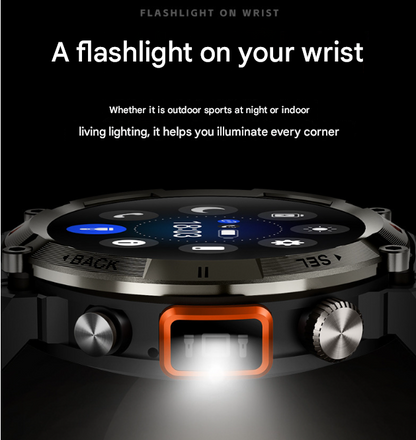 Black Steel Belts Outdoor Smartwatch with 1.45-Inch HD Round Screen and Flashlight