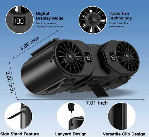 Brown-black Portable Turbo Waist Fan with Digital Display and Dual Air Outlets