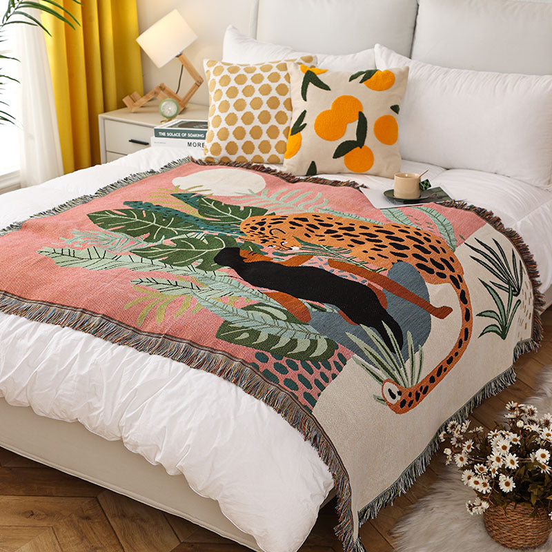 Cheetah Girl INS-Style Illustrated Line Blanket - Multi-Use Design