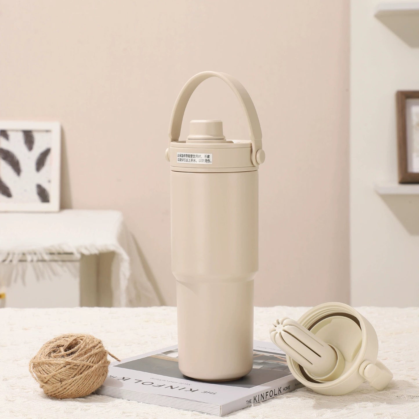 Light Coffee 30oz Ceramic-Lined Insulated Tumbler with Handle, 735ml Stainless Steel Travel Mug
