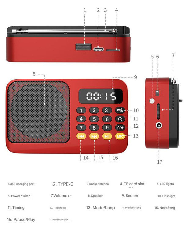 Portable Digital Music Player & FM Radio,4 Playback Modes, LED Flashlight(Gray)