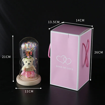 Enchanted Rose & Teddy Bear in Glass Dome with LED Lights - I Love You" Gift(blue)"