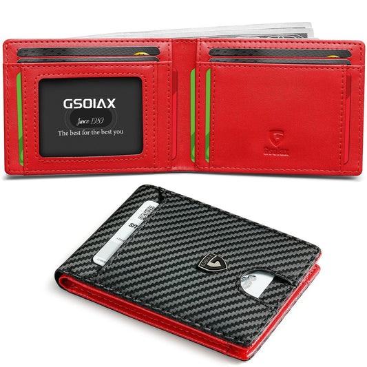 Men's Slim Leather Bifold Wallet - RFID Blocking, 11 Card Slots, ID Window(Twill black and red)