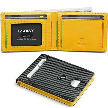Men's Slim Leather Bifold Wallet - RFID Blocking, 11 Card Slots, ID Window(Carbon Yellow)