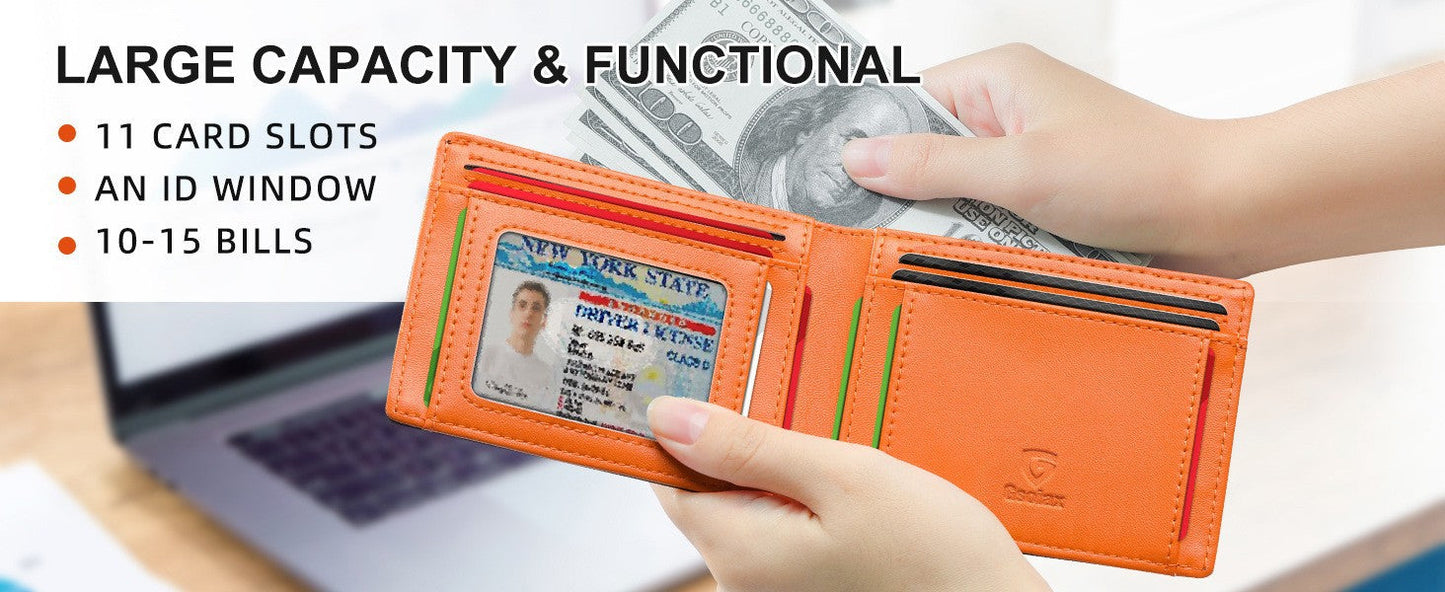 Men's Slim Leather Bifold Wallet - RFID Blocking, 11 Card Slots, ID Window(Carbon Yellow)