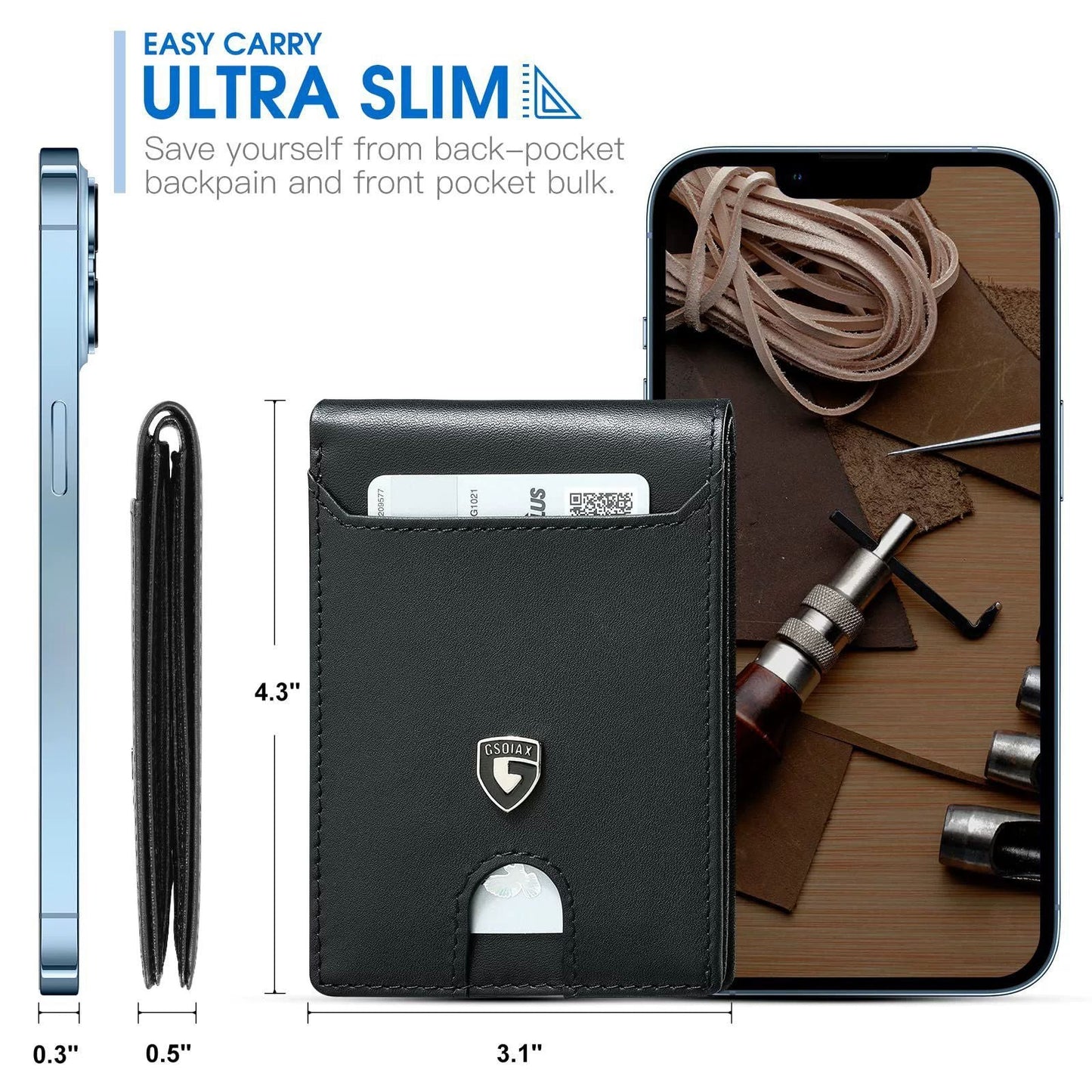 Men's Slim Leather Bifold Wallet - RFID Blocking, 11 Card Slots, ID Window(Carbon Green)