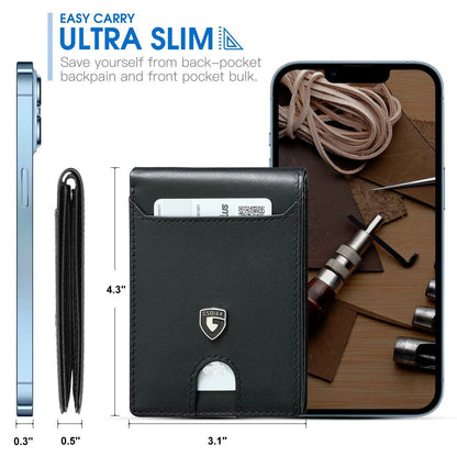 Men's Slim Leather Bifold Wallet - RFID Blocking, 11 Card Slots, ID Window(Carbon Green)