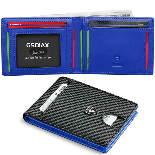 Men's Slim Leather Bifold Wallet - RFID Blocking, 11 Card Slots, ID Window(Carbon Blue)