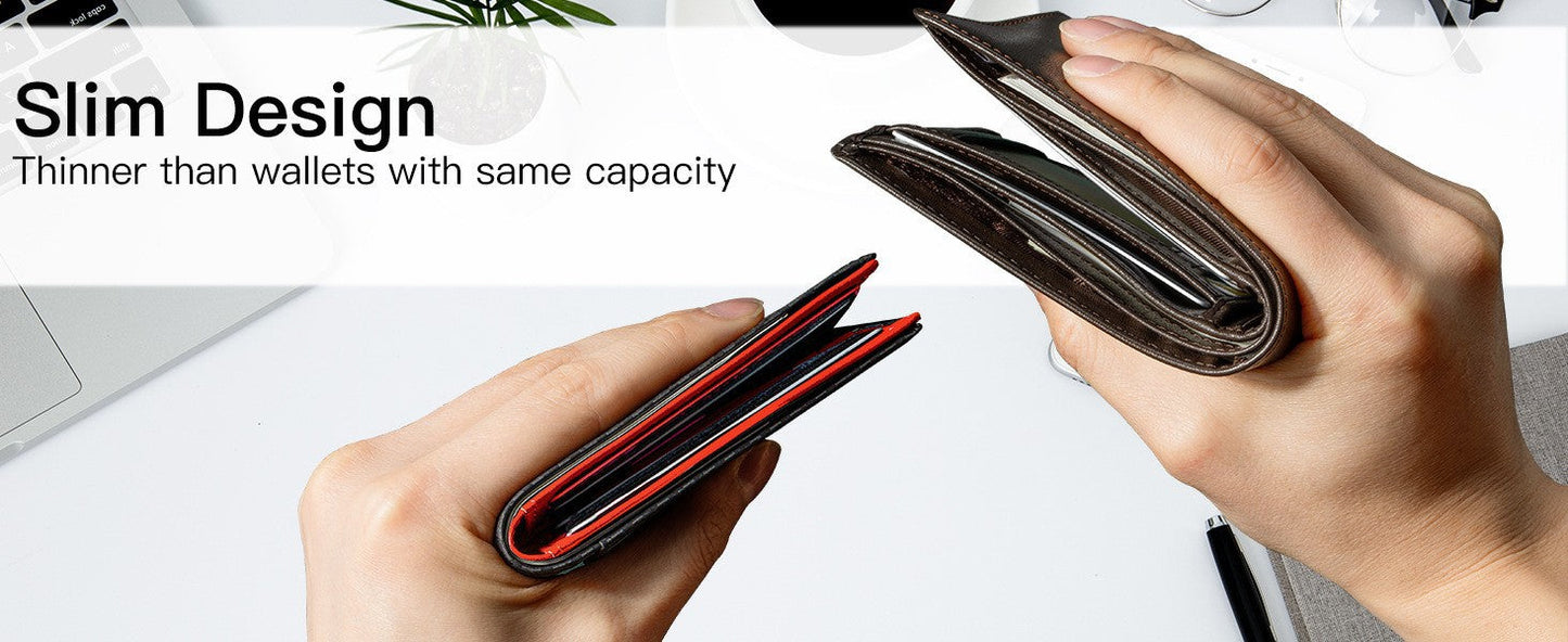 Men's Slim Leather Bifold Wallet - RFID Blocking, 11 Card Slots, ID Window(Carbon Silver)
