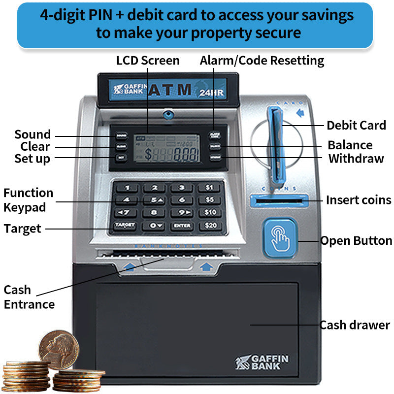 Kids ATM Savings Bank - Electronic Piggy Bank with Debit Card, PIN(Blue)