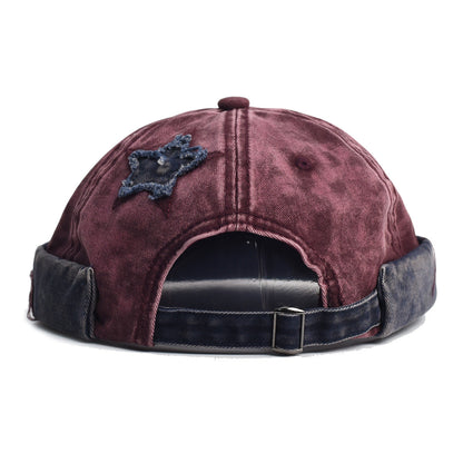 Vintage Washed Cotton Docker Cap - Unisex Brimless Beanie Hat with Star Patch(Black)
