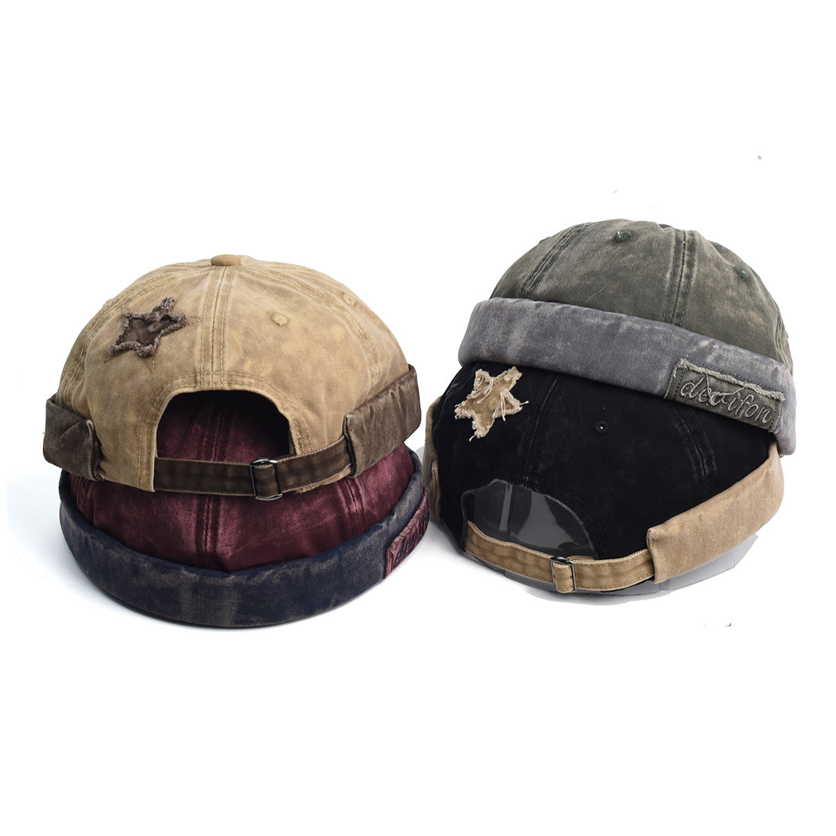 Vintage Washed Cotton Docker Cap - Unisex Brimless Beanie Hat with Star Patch(Coffee)