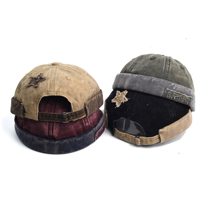 Vintage Washed Cotton Docker Cap - Unisex Brimless Beanie Hat with Star Patch(Coffee)