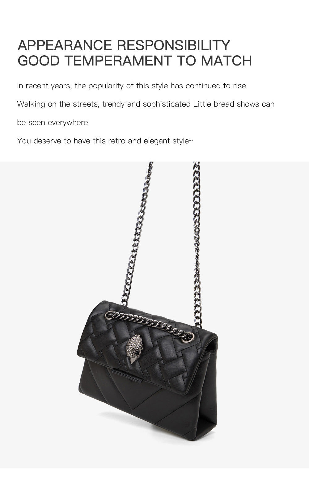 Elegant Quilted Leather Chain Bag with Bird Head Clasp(Black)