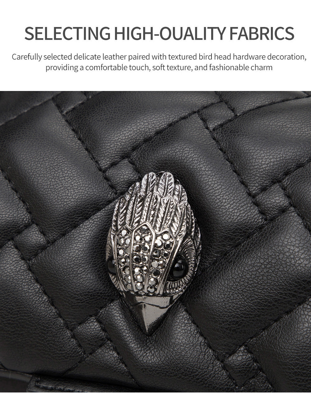 Elegant Quilted Leather Chain Bag with Bird Head Clasp(Black)
