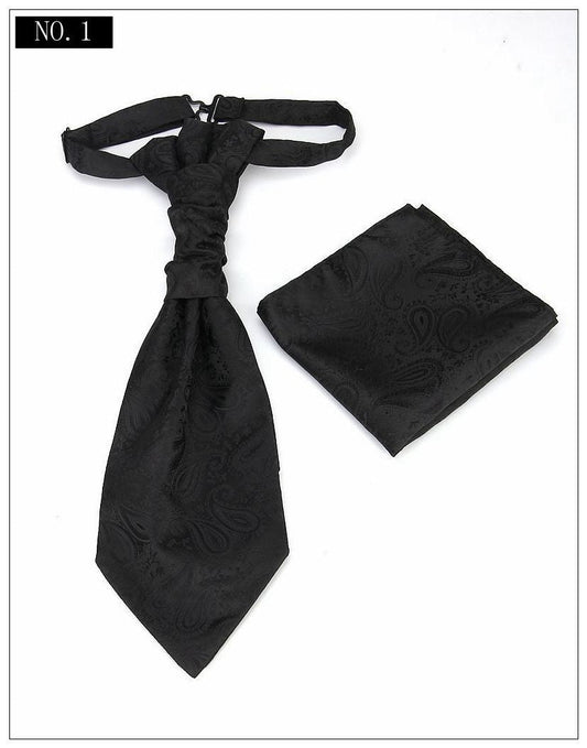 Men's Formal Paisley Ascot Cravat & Pocket Square Set - Adjustable Necktie for Weddings(Black)