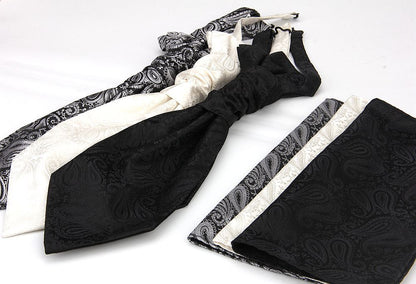 Men's Formal Paisley Ascot Cravat & Pocket Square Set - Adjustable Necktie for Weddings(Dark Gray pattern)