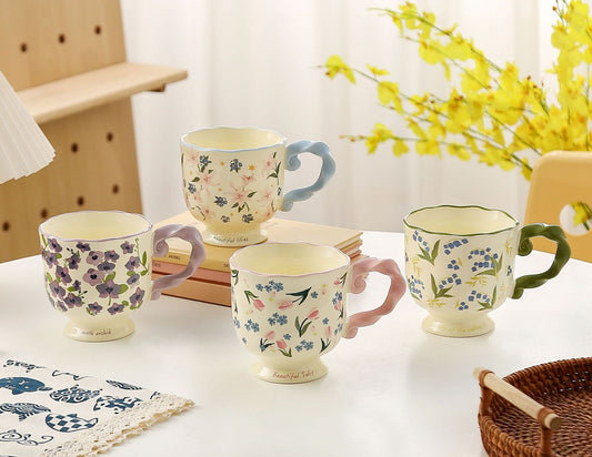 Elegant Ceramic Mug with Sculpted Handle,400ml Vintage Inspired Pedestal Design(Matcha Green)
