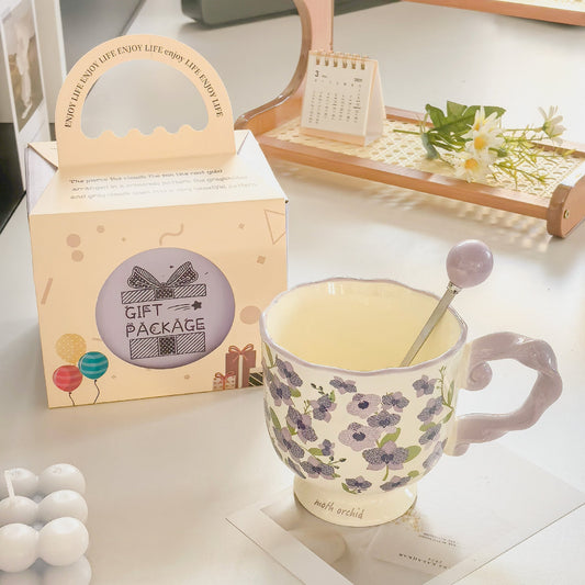 Elegant Ceramic Mug with Sculpted Handle,400ml Vintage Inspired Pedestal Design(Roland purple)