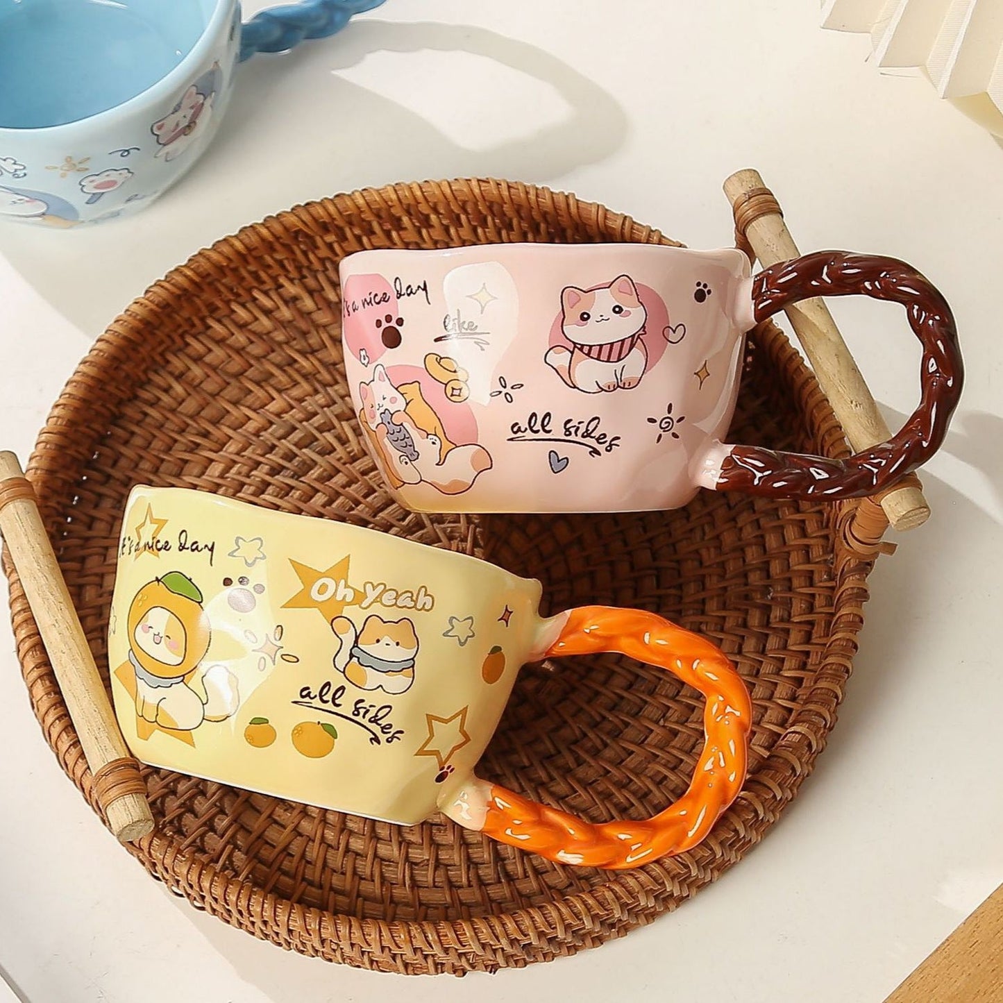 Whimsical Cat & Friends Ceramic Mug - 320ml with Unique Twisted Handle (Green)