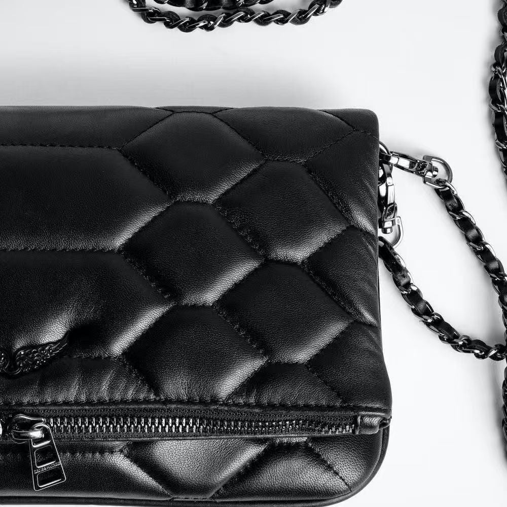 Chic Quilted Leather Crossbody Bag with Chain Strap & Tassel Detail(Pure black)