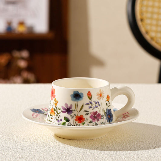Vintage Floral Ceramic Coffee Cup & Saucer Set(White disc - colorful flowers)