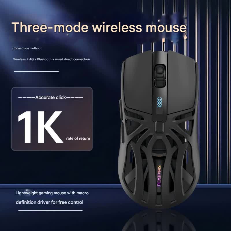 Tri-Mode Wireless Gaming Mouse - 1KHz Polling, 10000 DPI, Digital Display, Lightweight 73g(grey)