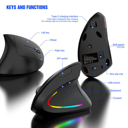 Ergonomic Vertical Wireless Mouse - 2.4G/Bluetooth, Rechargeable, RGB Light, 4 DPI Levels(white)