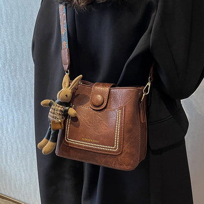 Vintage Style PU Leather Bucket Bag with Wide Patterned Strap & Optional Bunny Charm(red brown)