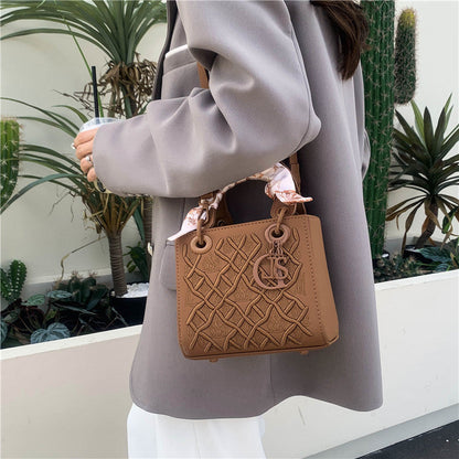 Elegant Embossed PU Leather Handbag with Scarf Detail - Versatile Top-Handle & Crossbody Bag(black)
