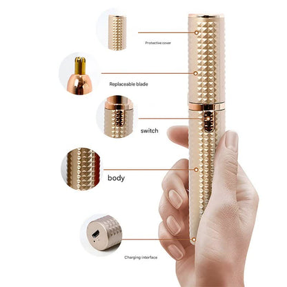 3-in-1 Rechargeable Electric Trimmer for Women - Nose, Eyebrow & Facial Hair Remover with Washable Heads & LED Light(Gold)