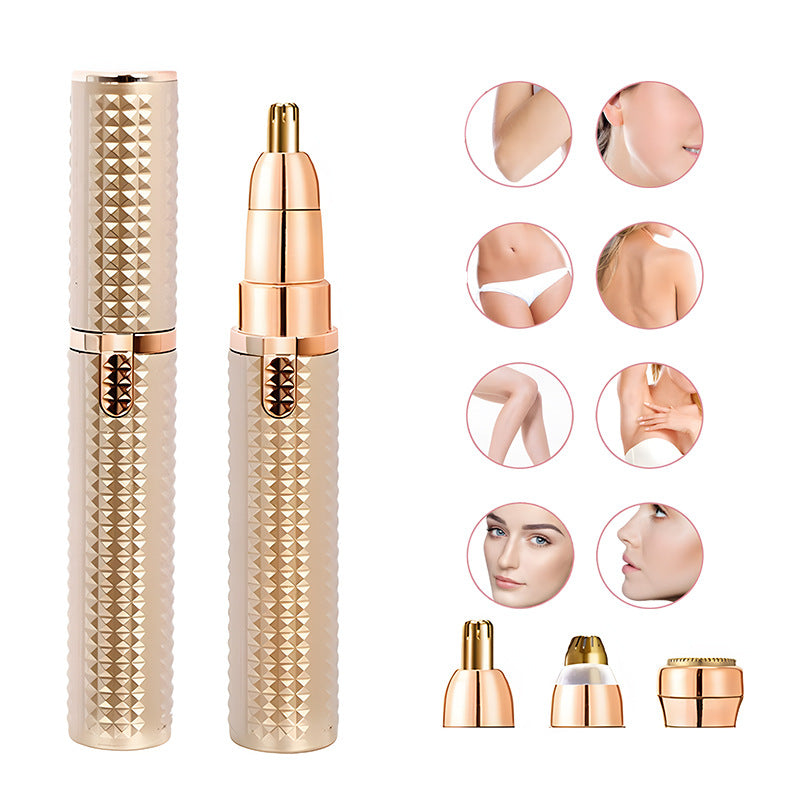 3-in-1 Rechargeable Electric Trimmer for Women - Nose, Eyebrow & Facial Hair Remover with Washable Heads & LED Light(brown)
