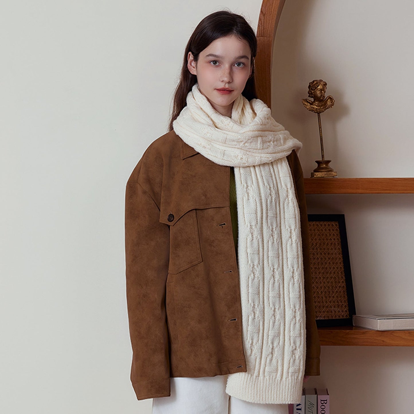 White Classic Textured Knit Scarf - Solid Color, Premium Soft Feel, Winter (176x26.5cm)