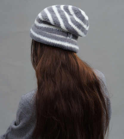 Trendy Dual-Tone Striped Beanie - Soft Plush Knit, Versatile Winter Cap (Gray and white)